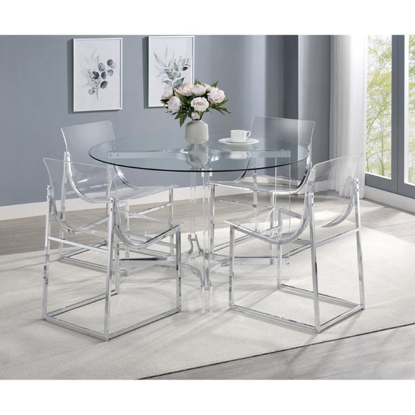 English Elm Uptown Round Glass Top Acrylic 5 Piece Dining Set with Chrome Sled Chair Bases B062S01784