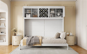 English Elm Queen Murphy Wall Bed with Storage Cabinets and Wine Rack for Small Space Living White LP000879AAK-1