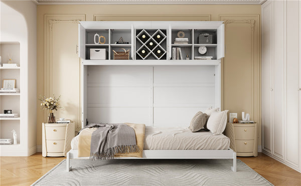 English Elm Queen Murphy Wall Bed with Storage Cabinets and Wine Rack for Small Space Living White LP000879AAK-1