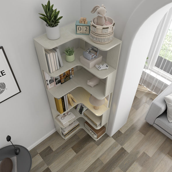 English Elm 6 Tier Freestanding L-Shaped Corner Bookshelf with Anti-Tip, Rounded Corners, 3D Wood Grain Finish White Oak W2899P372515