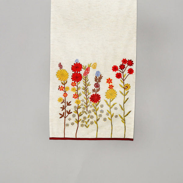 English Elm Daisy 72" Cotton Table Runner Ivory with Peony Embroidery, Rustic Slub Texture, Eco-Friendly Decor for Dining B346P321272
