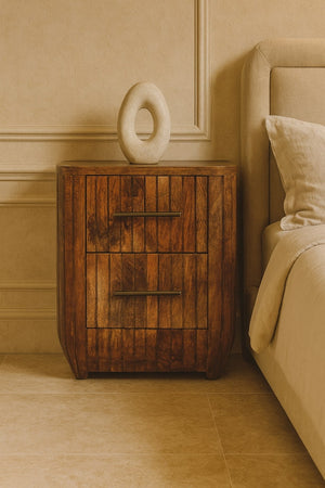 English Elm Artisan Solid Mango Wood Fluted Nightstand with Drawer Golden Teak Bedroom Accent B182P440545