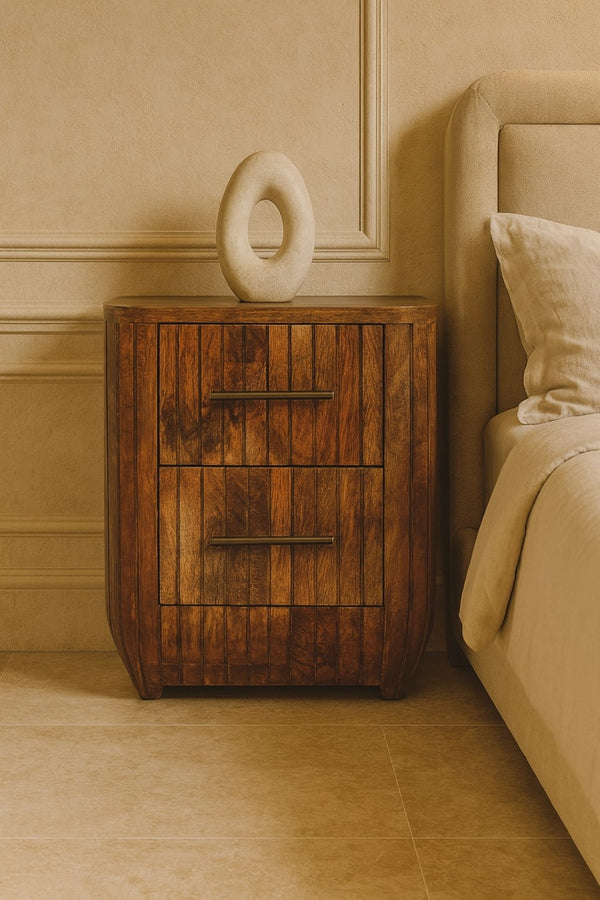 English Elm Artisan Solid Mango Wood Fluted Nightstand with Drawer Golden Teak Bedroom Accent B182P440545