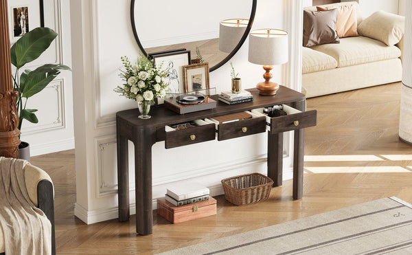English Elm TREXM Rustic Console Table with Rounded Corners, 3 Concealed Drawers, Sturdy Thick Legs for Hallway Espresso N715P361525P