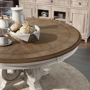 English Elm Dining Table 60 Inch Round Solid Wood Pedestal with Hand Carved Skirt and Inlay Antique White B2741P474004