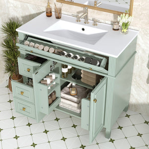 English Elm 36 Inch Freestanding Bathroom Vanity Sage Pine Cabinet Gold Hardware Ceramic Sink Green N725P366468G