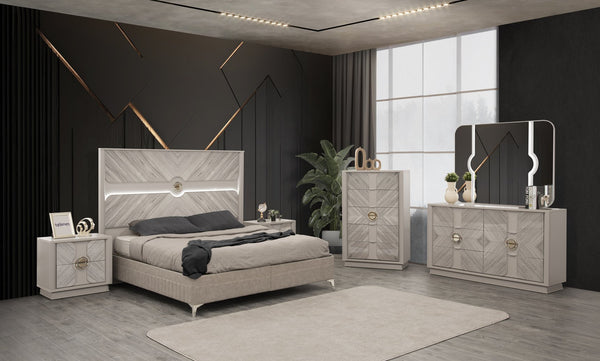 English Elm Eternity King 5PC Bedroom Set with Eucalyptus Veneer, High-Gloss Lacquer, Soft-Close Drawers & Storage B009S02049