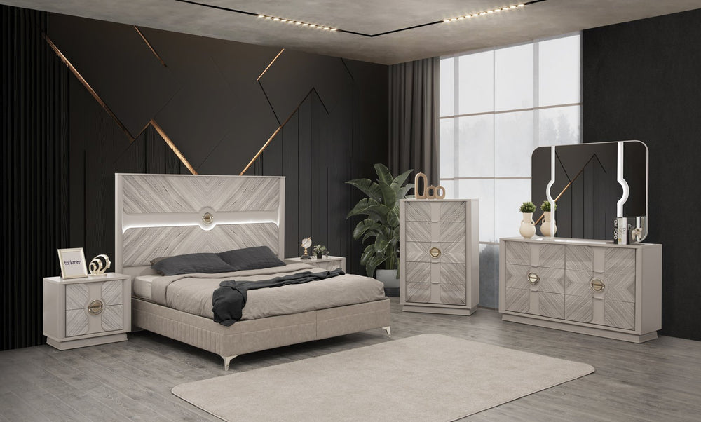 English Elm Eternity King Size Bed With Hydraulic Lift Storage, Gold Accents & Eucalyptus Veneer Finish B009S01869