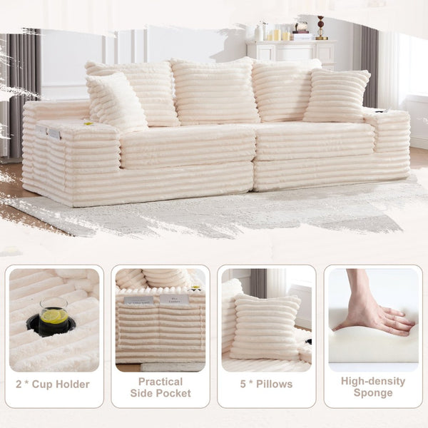 English Elm Oversized Corduroy Cloud Couch Convertible Sleeper Sofa with Memory Foam Seating Beige W395S00116