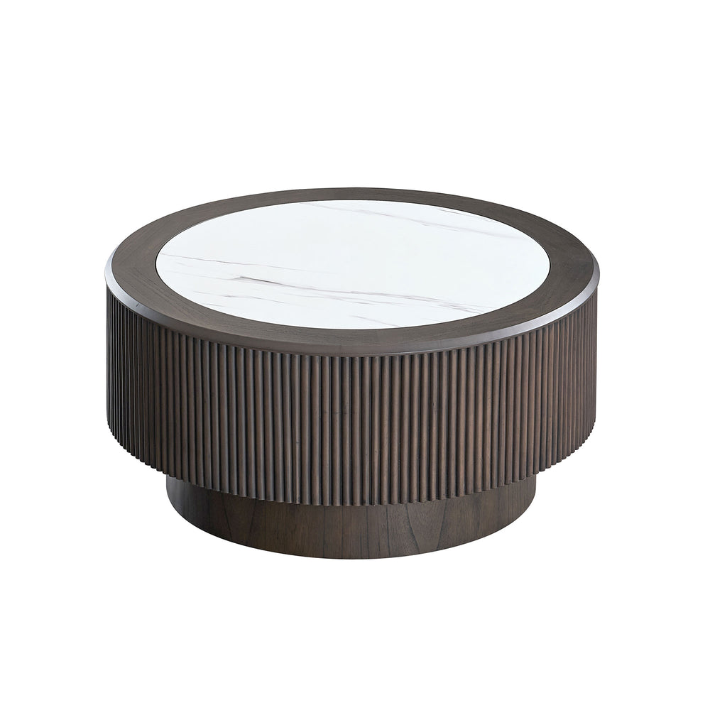 English Elm 31.5 Modern Faux Marble Coffee Table 33.5" Round Accent Table with Sturdy Pedestal, Dark Brown Finish W2582P312644