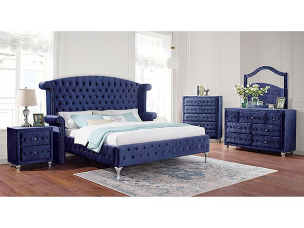 English Elm Glamorous Blue Velvet-Like Queen Bed with Tufted Wingback Headboard, Crystal Buttons & Nailhead Trim B2741S00211
