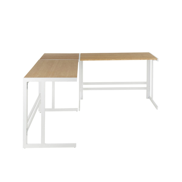 English Elm Roman Industrial L-Shaped Desk in Natural Bamboo & White Metal Frame — Sturdy Rustic Modern Office Setup B202S01356