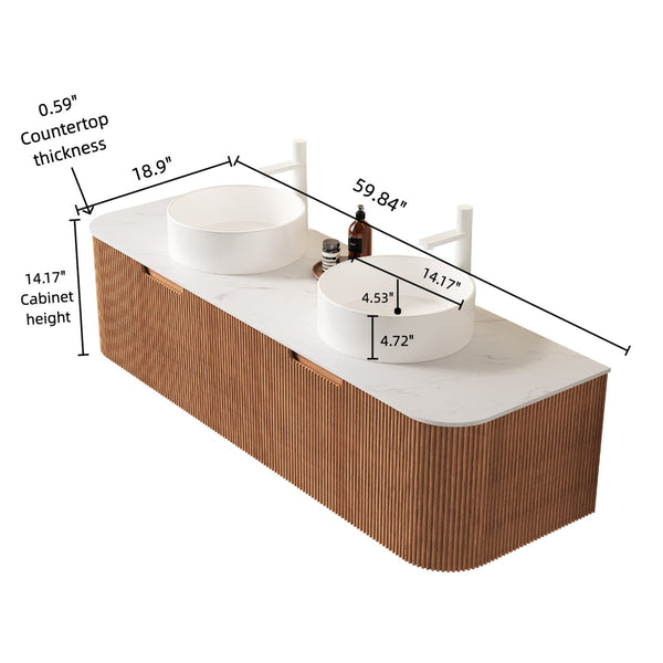 English Elm Dina 60" Wall-Mounted Bathroom Vanity With 2 Round Sinks & Striped Wood Storage, Pre-Assembled W2615S00109