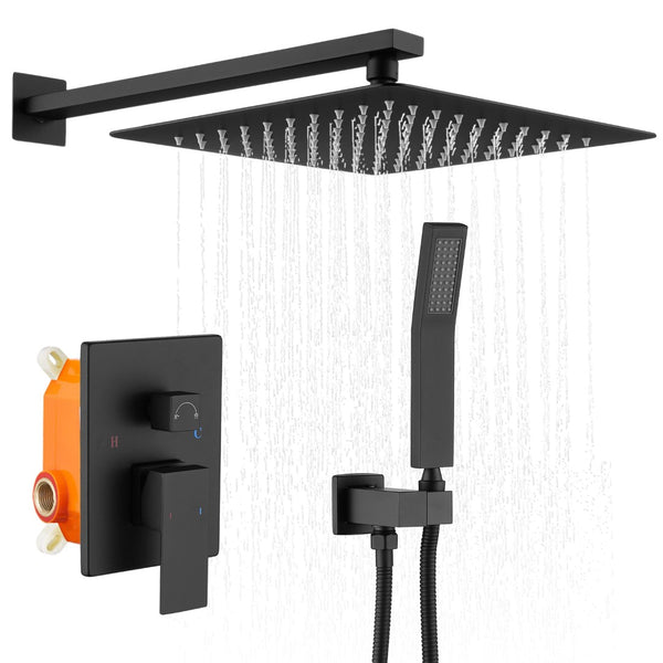 English Elm Shower System With 12" Rainfall Head & Handheld Wand - Matte Black, Brass Valve, Spa-Like Upgrade T3177P269150-GIGA