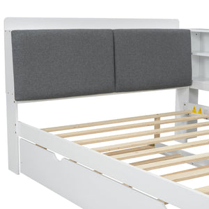 English Elm Wood Full Size platform bed with trundle, built-in storage headboard and shelves, sturdy pine frame White GX002055AAK