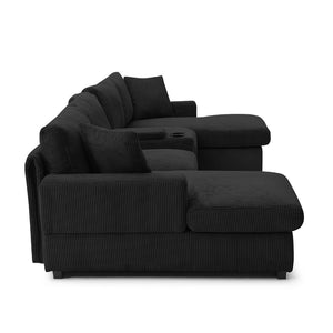 English Elm U Shaped Oversized Sectional Sofa with Double Chaise Console Cup Holders and Usb Port Black W1117S00326