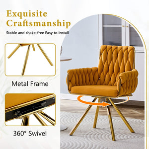 English Elm Set of 2 Velvet Upholstered Dining Chairs Braided Rope Back Glam Metal Legs Gold,Yellow W3875P383935