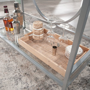English Elm Contemporary Rolling Bar Cart with Tempered Glass Shelves and Gray Metal Frame B356P367947