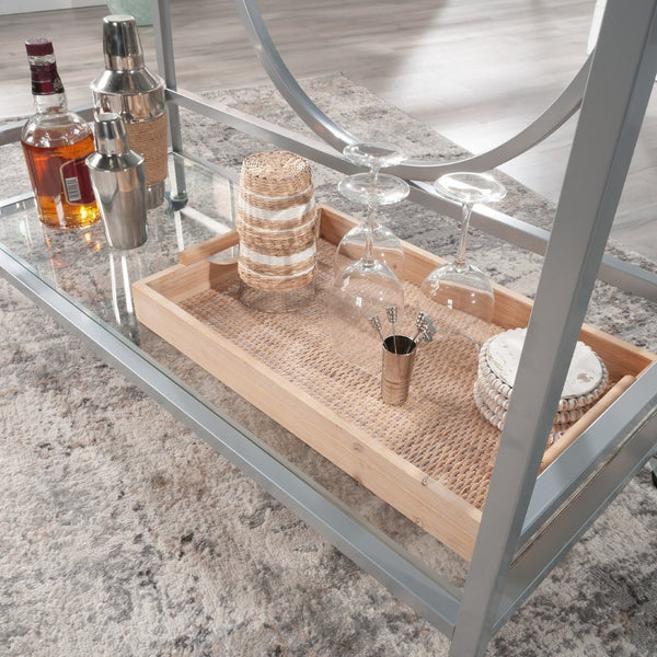 English Elm Contemporary Rolling Bar Cart with Tempered Glass Shelves and Gray Metal Frame B356P367947