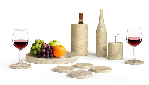 English Elm Glod Luxury Natural Marble 10-Piece Dining Room Accessory Set with Coasters, Tray, Cooler, Vase Beige+Gold,Beige+yellow,Gold W1696P262940
