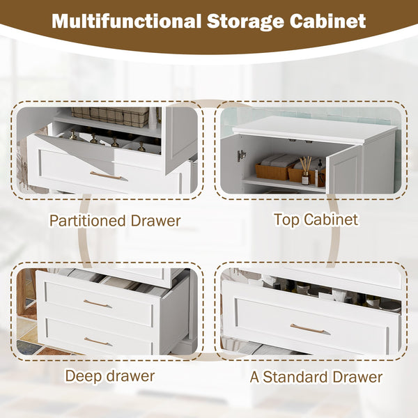 English Elm 72.2'' Tall Freestanding Bathroom Cabinet with 3 Drawers, Adjustable Shelf, Soft-Close Doors, Modern Elegant Design White N729P296769K