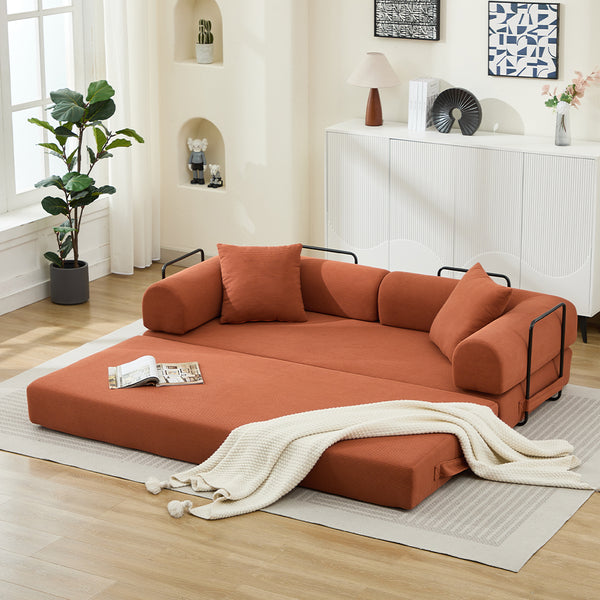 English Elm Folding Sofa Bed Corduroy 3-Seater Convertible Couch Bed with Foam Spring Mattress and Pillows for Living Room Orange W2915P343903