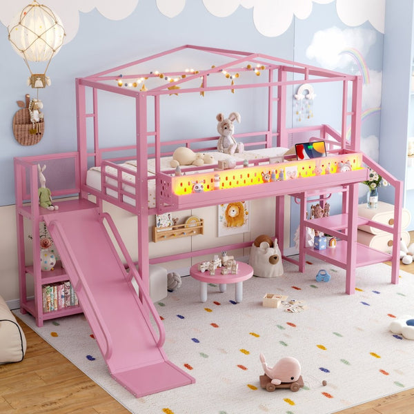 English Elm Twin Metal Loft Bed with Built-in Wardrobe Storage Stairs Led Lights and Usb Ports W5316S00046