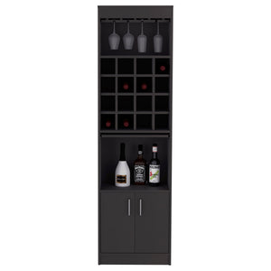 English Elm Kava Solid-Style Bar Cabinet with 16 Wine Slots, Glass Rack, Two Doors & Shelves in Black Finish B097S00177