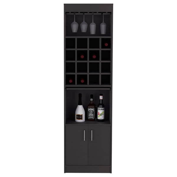 English Elm Kava Solid-Style Bar Cabinet with 16 Wine Slots, Glass Rack, Two Doors & Shelves in Black Finish B097S00177