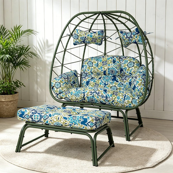 English Elm Double Wicker Egg Chair with Ottoman Bohemian Rattan Outdoor Lounge for Patio T5880P501486