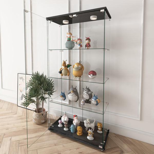 English Elm Modern Tempered Glass Display Cabinet With Led Lights - 2-Door, 4-Shelf Antique Style For Home & Retail W241S00055