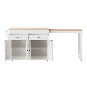 English Elm K&K 74.5" Kitchen Island with 27" Extendable Dining Table, 4 Doors, 2 Drawers, Spice Rack, Wheels Off White N707P333291W