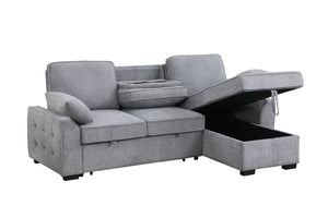 English Elm Mackenzie Chenille Fabric Reversible Sleeper Sectional with Storage Chaise, Drop-Down Console and USB Charging Ports Light Gray B061S00934
