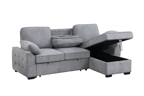 English Elm Mackenzie Chenille Fabric Reversible Sleeper Sectional with Storage Chaise, Drop-Down Console and USB Charging Ports Light Gray B061S00934