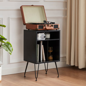 English Elm Record Player Stand with Storage Cabinet and Adjustable Metal Legs, Swivel Feet, Easy Assembly T3623P408152
