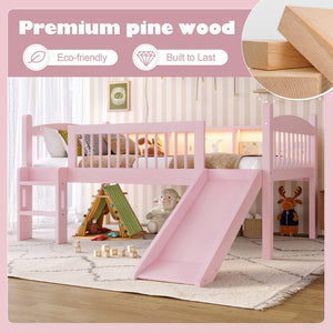 English Elm Twin Low Loft Bed Solid Pine Frame with Built-in Led Lighting and Storage Shelves Pink W1580P395929