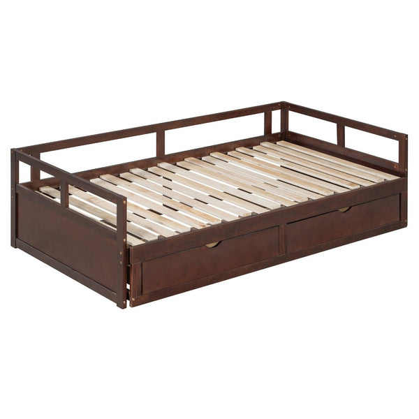 English Elm Wooden Twin to King Daybed with Trundle and Storage Drawers for Guest Rooms Espresso N708P336539P