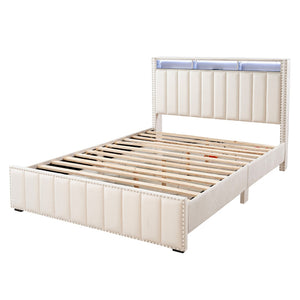 English Elm Contemporary Full Bedroom Set Channel Tufted Upholstered Bed with Led and Nightstands Beige B2741S00776