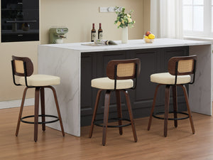 English Elm Set of 3 Rattan Counter Stools with Cane Back and Swivel, Upholstered PU Seat, Walnut Finish, Ergonomic Comfort Beige W1143P300158