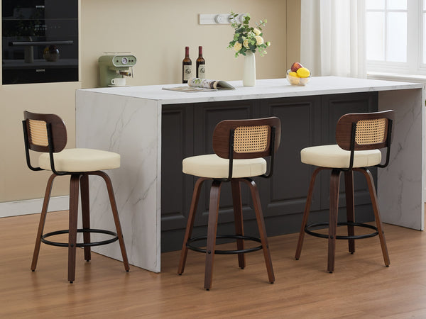 English Elm Set of 3 Rattan Counter Stools with Cane Back and Swivel, Upholstered PU Seat, Walnut Finish, Ergonomic Comfort Beige W1143P300158