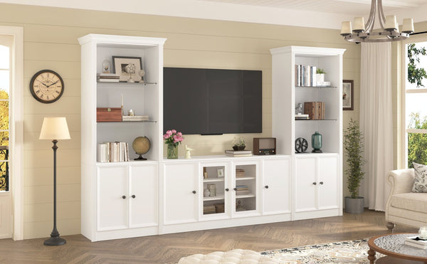 English Elm U-can Three Piece Wall Unit Built-in Media Center with Crown Molding and Tempered Glass Storage White SJ000156AAK