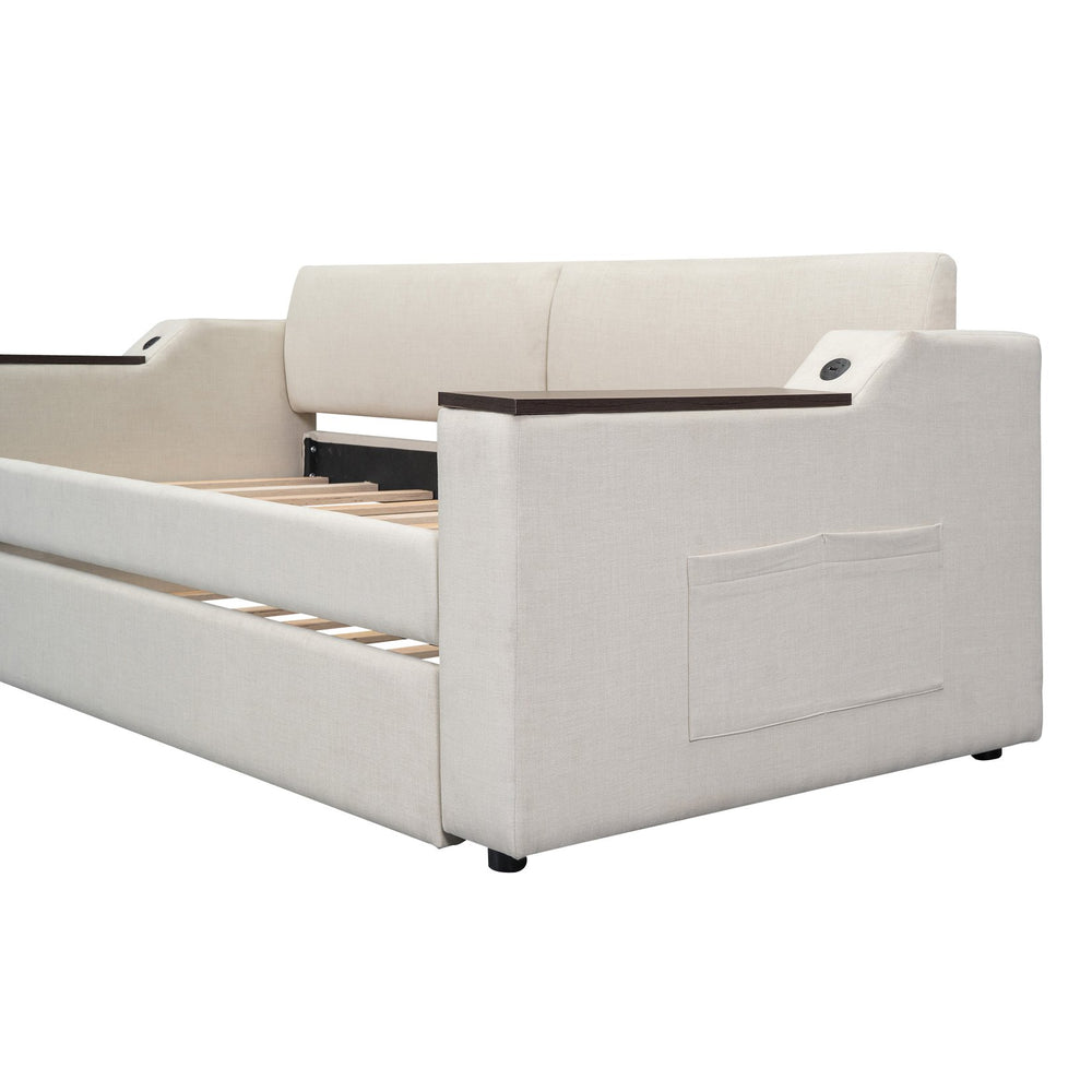 English Elm Twin Upholstery Daybed with Trundle, Storage Arms & USB Charging, Beige Linen, Durable Pine Frame SM000547AAA