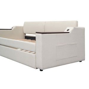 English Elm Twin Upholstery Daybed with Trundle, Storage Arms & USB Charging, Beige Linen, Durable Pine Frame SM000547AAA