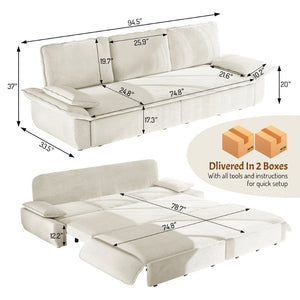 English Elm 94.5" King Convertible Sleeper Sofa Corduroy Upholstered Chaise Lounge Guest Room Bed White W1885S00403