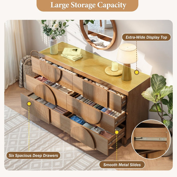 English Elm Modern Fluted 6 Drawer Dresser with Solid Wood Legs Japandi Chest for Bedroom Natural N739S0000013W