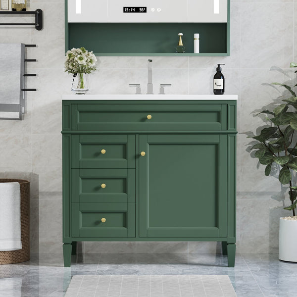 English Elm 36'' Modern Bathroom Vanity With Top Sink, 3 Drawers, Roman Legs & Adjustable Shelving For Storage SW000119AAF-2