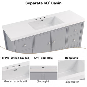 English Elm 60" Freestanding Bathroom Vanity Fluted Fronts Soft Close Drawers Drop-in Sink Blue Gray N817P404100B