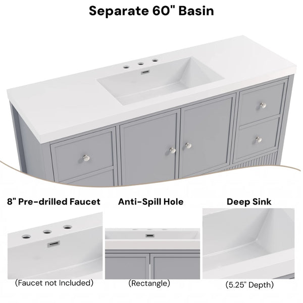 English Elm 60" Freestanding Bathroom Vanity Fluted Fronts Soft Close Drawers Drop-in Sink Blue Gray N817P404100B