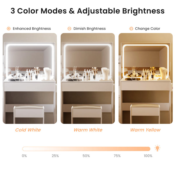 English Elm Vanity LED mirror vanity with 3-mode dimmable lights, power & USB ports, hairdryer holder, stool W1668P197385
