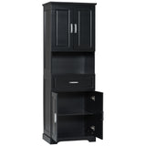 English Elm Tall Bathroom Cabinet With Four Doors, Large Storage Space Open Shelve, Upper Storage Cabinet, Black